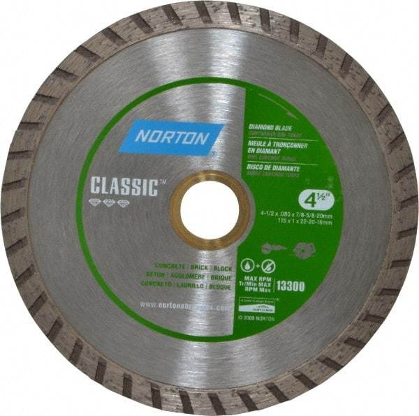 Norton - 4-1/2" Diam, 5/8 & 7/8" Arbor Hole Diam, Wet & Dry Cut Saw Blade - Diamond-Tipped, Standard Round Arbor - Americas Tooling