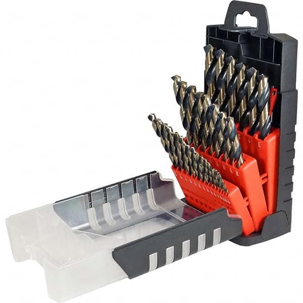 Drill Bit Set: Jobber Length Drill Bits, 29 Pc, 0.0625″ to 0.5″ Drill Bit Size, 135 °, High Speed Steel Gold Finish & Oxide, Split-Point, Straight Shank, Series 1604