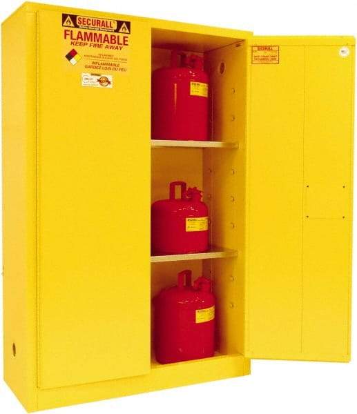 Securall Cabinets - 2 Door, 2 Shelf, Yellow Steel Standard Safety Cabinet for Flammable and Combustible Liquids - 65" High x 43" Wide x 18" Deep, Manual Closing Door, 3 Point Key Lock, 45 Gal Capacity - Americas Tooling