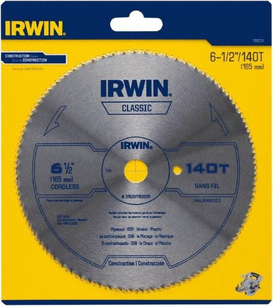 Irwin - 6-1/2" Diam, 5/8" Arbor Hole Diam, 140 Tooth Wet & Dry Cut Saw Blade - High Carbon Steel, Smooth Action, Standard Round Arbor - Americas Tooling