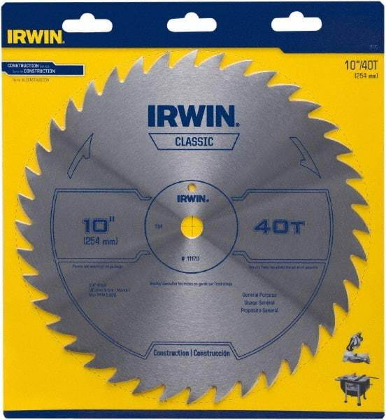 Irwin Blades - 10" Diam, 5/8" Arbor Hole Diam, 40 Tooth Wet & Dry Cut Saw Blade - High Carbon Steel, Smooth Action, Standard Round Arbor - Americas Tooling