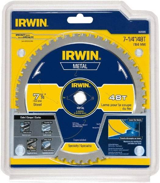 Irwin Blades - 7-1/4" Diam, 5/8" Arbor Hole Diam, 48 Tooth Wet & Dry Cut Saw Blade - Carbide-Tipped, Smooth Action, Standard Round Arbor - Americas Tooling