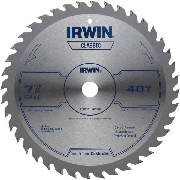 Irwin Blades - 7-1/4" Diam, 5/8" Arbor Hole Diam, 40 Tooth Wet & Dry Cut Saw Blade - Carbide-Tipped, Smooth Action, Diamond Arbor - Americas Tooling