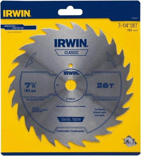 Irwin Blades - 7-1/4" Diam, 5/8" Arbor Hole Diam, 26 Tooth Wet & Dry Cut Saw Blade - High Carbon Steel, Smooth Action, Diamond Arbor - Americas Tooling