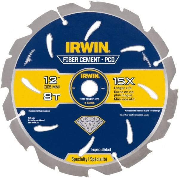 Irwin Blades - 12" Diam, 1" Arbor Hole Diam, 8 Tooth Wet & Dry Cut Saw Blade - Diamond-Tipped, Smooth Action, Standard Round Arbor - Americas Tooling