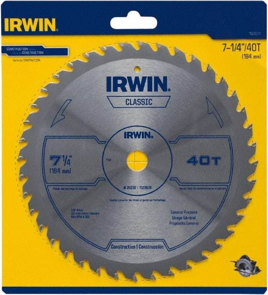 Irwin Blades - 7-1/4" Diam, 5/8" Arbor Hole Diam, 40 Tooth Wet & Dry Cut Saw Blade - Carbide-Tipped, Smooth Action, Diamond Arbor - Americas Tooling