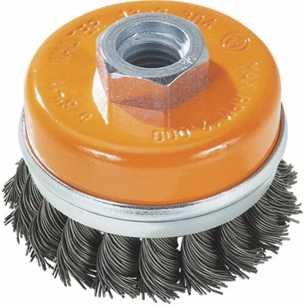WALTER Surface Technologies - 3" Diam, M14x2.00 Threaded Arbor, Steel Fill Cup Brush - 0.02 Wire Diam, 12,000 Max RPM - Americas Tooling