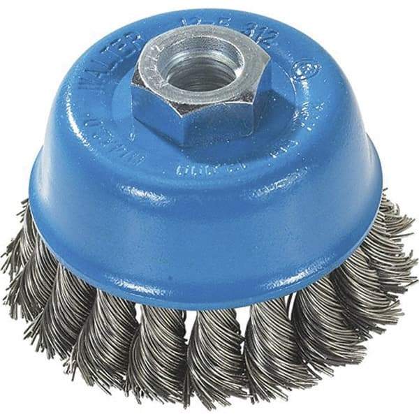 WALTER Surface Technologies - 3" Diam, M14x2.00 Threaded Arbor, Stainless Steel Fill Cup Brush - 0.015 Wire Diam, 12,000 Max RPM - Americas Tooling