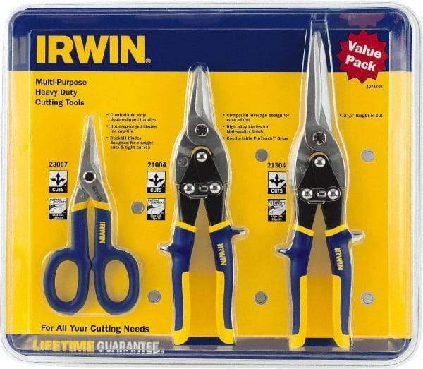 Irwin - 3 Piece Aviation Snip Set - Left, Right, Straight, 7, 10, 11-3/4" OAL, 1-5/16, 2, 3-1/8" LOC - Americas Tooling