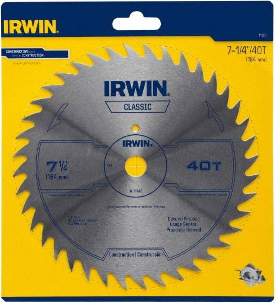 Irwin Blades - 7-1/4" Diam, 5/8" Arbor Hole Diam, 40 Tooth Wet & Dry Cut Saw Blade - High Carbon Steel, Smooth Action, Diamond Arbor - Americas Tooling