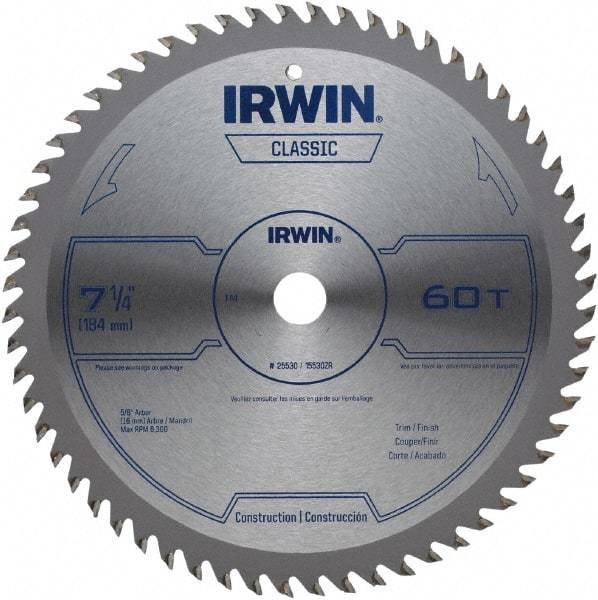 Irwin Blades - 7-1/4" Diam, 5/8" Arbor Hole Diam, 60 Tooth Wet & Dry Cut Saw Blade - Carbide-Tipped, Smooth Action, Diamond Arbor - Americas Tooling