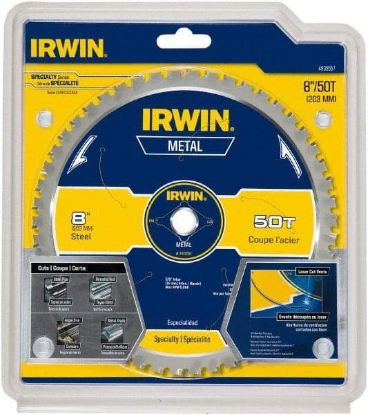 Irwin Blades - 8" Diam, 5/8" Arbor Hole Diam, 50 Tooth Wet & Dry Cut Saw Blade - Carbide-Tipped, Smooth Action, Standard Round Arbor - Americas Tooling