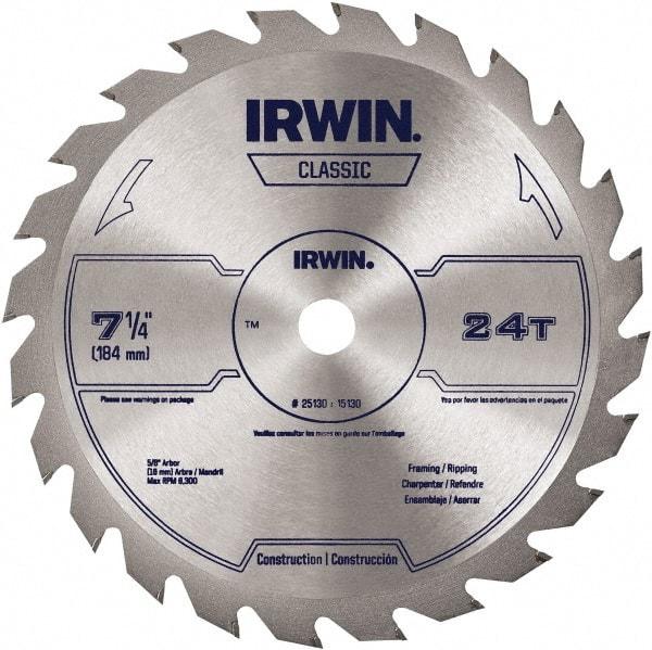 Irwin Blades - 7-1/4" Diam, 5/8" Arbor Hole Diam, 24 Tooth Wet & Dry Cut Saw Blade - Carbide-Tipped, Smooth Action, Diamond Arbor - Americas Tooling