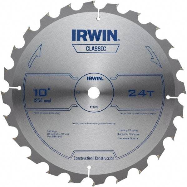 Irwin - 10" Diam, 5/8" Arbor Hole Diam, 24 Tooth Wet & Dry Cut Saw Blade - Carbide-Tipped, Smooth Action, Diamond Arbor - Americas Tooling