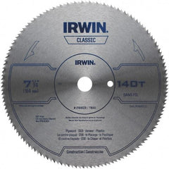 Irwin Blades - 7-1/4" Diam, 5/8" Arbor Hole Diam, 140 Tooth Wet & Dry Cut Saw Blade - High Carbon Steel, Smooth Action, Diamond Arbor - Americas Tooling