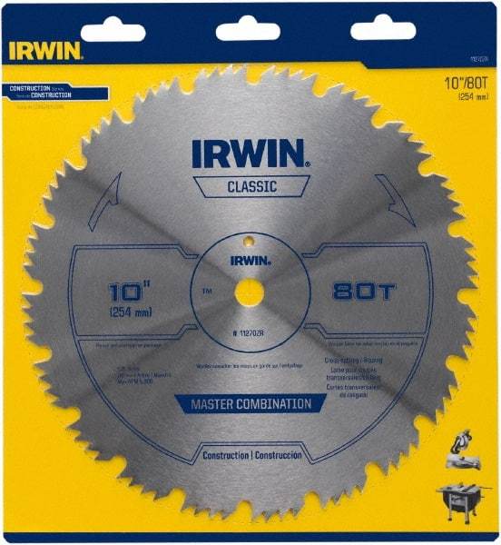 Irwin Blades - 10" Diam, 5/8" Arbor Hole Diam, 80 Tooth Wet & Dry Cut Saw Blade - High Carbon Steel, Smooth Action, Standard Round Arbor - Americas Tooling