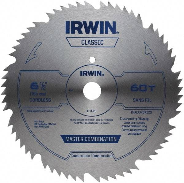 Irwin - 6-1/2" Diam, 5/8" Arbor Hole Diam, 60 Tooth Wet & Dry Cut Saw Blade - High Carbon Steel, Smooth Action, Standard Round Arbor - Americas Tooling