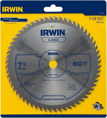 Irwin Blades - 7-1/4" Diam, 5/8" Arbor Hole Diam, 60 Tooth Wet & Dry Cut Saw Blade - Carbide-Tipped, Smooth Action, Diamond Arbor - Americas Tooling