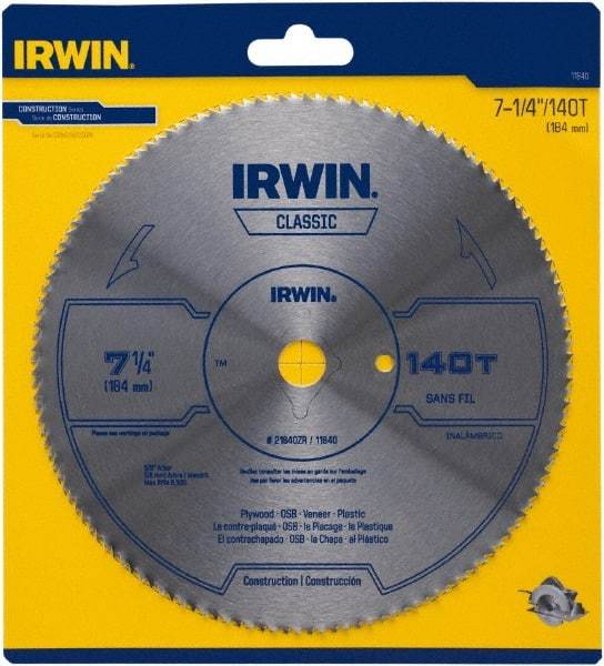 Irwin Blades - 7-1/4" Diam, 5/8" Arbor Hole Diam, 140 Tooth Wet & Dry Cut Saw Blade - High Carbon Steel, Smooth Action, Diamond Arbor - Americas Tooling