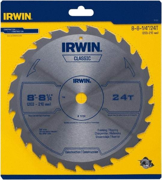 Irwin Blades - 8-1/4" Diam, 5/8" Arbor Hole Diam, 24 Tooth Wet & Dry Cut Saw Blade - Carbide-Tipped, Smooth Action, Diamond Arbor - Americas Tooling