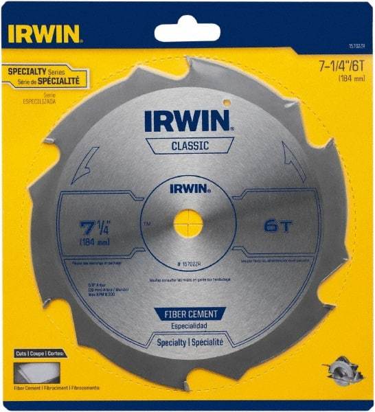 Irwin Blades - 7-1/4" Diam, 5/8" Arbor Hole Diam, 6 Tooth Wet & Dry Cut Saw Blade - Diamond-Tipped, Smooth Action, Diamond Arbor - Americas Tooling