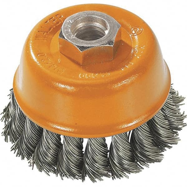 WALTER Surface Technologies - 3" Diam, M10x1.25 Threaded Arbor, Steel Fill Cup Brush - 0.015 Wire Diam, 12,000 Max RPM - Americas Tooling