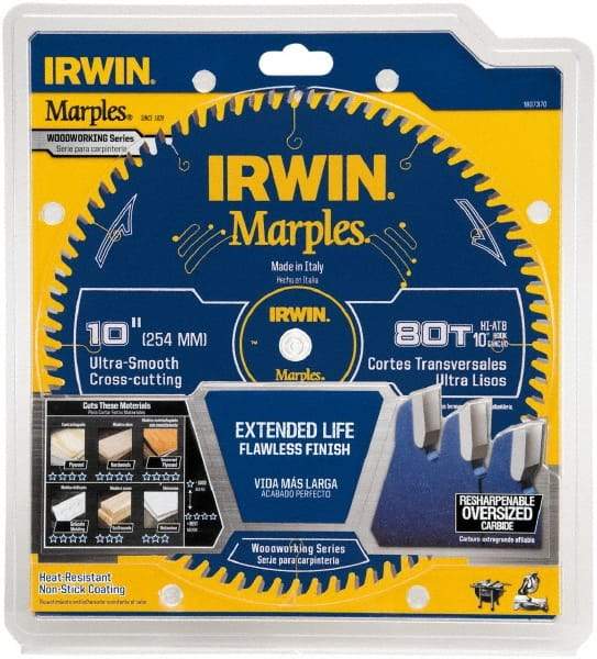 Irwin Blades - 10" Diam, 5/8" Arbor Hole Diam, 80 Tooth Wet & Dry Cut Saw Blade - Carbide-Tipped, Finishing Action, Standard Round Arbor - Americas Tooling