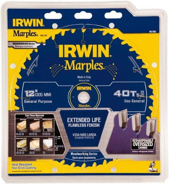 Irwin Blades - 12" Diam, 1" Arbor Hole Diam, 40 Tooth Wet & Dry Cut Saw Blade - Carbide-Tipped, Finishing Action, Standard Round Arbor - Americas Tooling