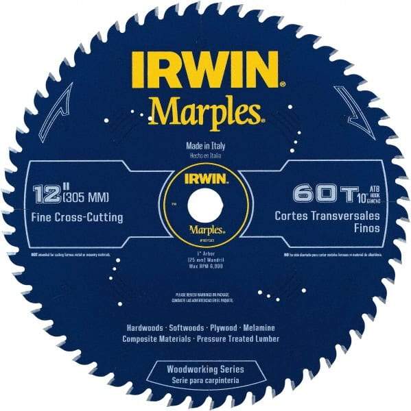 Irwin - 12" Diam, 1" Arbor Hole Diam, 60 Tooth Wet & Dry Cut Saw Blade - Carbide-Tipped, Finishing Action, Standard Round Arbor - Americas Tooling