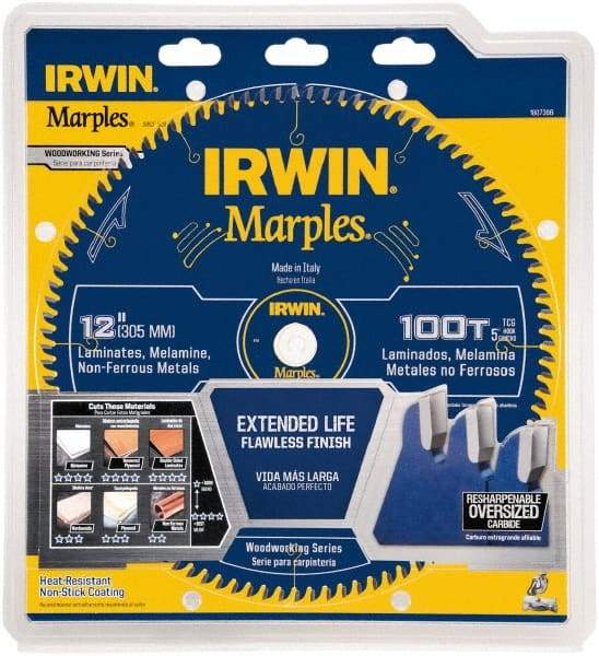 Irwin - 12" Diam, 1" Arbor Hole Diam, 100 Tooth Wet & Dry Cut Saw Blade - Carbide-Tipped, Finishing Action, Standard Round Arbor - Americas Tooling