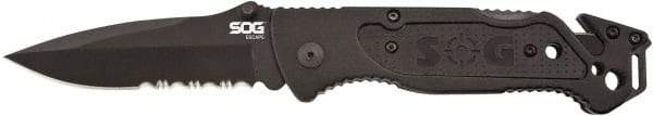 SOG Specialty Knives - 3-13/32" Blade, 8.2" OAL, Partially Serrated Clip Point Folding Knife - 4.8" Closed Length, Plastic, 1 Blade, 1 Edge - Americas Tooling