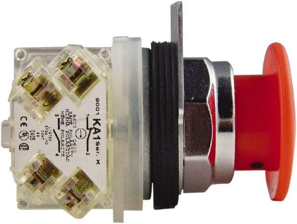 Schneider Electric - 30mm Mount Hole, Extended Mushroom Head, Pushbutton Switch with Contact Block - Round, Red Pushbutton, Maintained (MA) - Americas Tooling