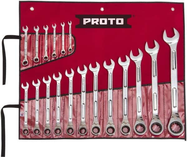 Proto - 18 Piece, 1/4" to 1-1/4", Ratcheting Combination Wrench Set - Inch Measurement Standard, Full Polish Finish, Comes in Pouch - Americas Tooling