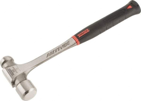 Proto - 2 Lb Head Steel Ball Pein Hammer - 14-3/4" Steel Handle with Grip, 1.61" Face Diam, 14-3/4" OAL, AntiVibe, Molded Textured Rubber Grip - Americas Tooling