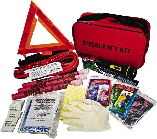 ORION Safety - 79 Piece, Emergency Roadside Safety Kit - Emergency Flares, Reflective Triangle, Flashlight, Batteries, Lightstick, Vest, Poncho, Shop Cloth, Jumper Cable, Multi-Tool, Thermal Blanket, Toweletes & First Aid Supplies - Americas Tooling