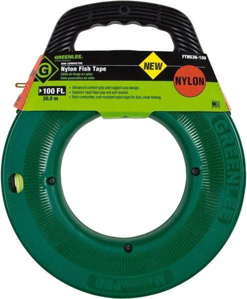 Greenlee - 100 Ft. Long x 3/16 Inch Wide, Nylon Fish Tape - 250 Lb. Pulling Strength, Includes Case - Americas Tooling