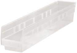 Quantum Storage - 50 Lb. Load Capacity, 23-5/8" Deep, Clear Polypropylene Hopper Shelf Bin - 4" High x 4-1/8" Wide x 23-5/8" Long - Americas Tooling