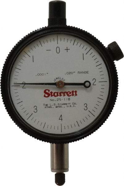 Starrett - 0.02" Range, 0-4-0 Dial Reading, 0.0001" Graduation Dial Drop Indicator - 2-1/4" Dial, 0.008" Range per Revolution - Americas Tooling