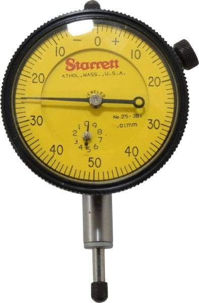 Starrett - 10mm Range, 0-50-0 Dial Reading, 0.01mm Graduation Dial Drop Indicator - 2-1/4" Dial, 1mm Range per Revolution - Americas Tooling