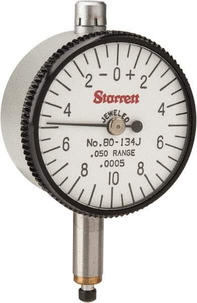 Starrett - 0.05" Range, 0-10-0 Dial Reading, 0.0005" Graduation Dial Drop Indicator - 1-1/4" Dial, 0.02" Range per Revolution - Americas Tooling