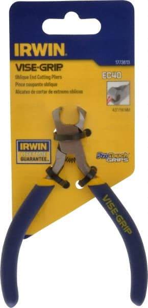 Irwin - 4-1/2" OAL, 18 AWG Capacity, Semi-Flush End Cutting Pliers - 13/16" Jaw Length x 9/16" Jaw Width, Dipped Vinyl Handle - Americas Tooling