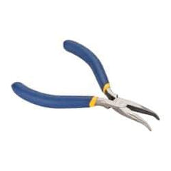 Irwin - 5" OAL, 1-1/4" Jaw Length x 9/16" Jaw Width, Long Nose Needle Nose Pliers - Serrated Jaw, Curved Head, Dipped Vinyl Handles, with Spring - Americas Tooling