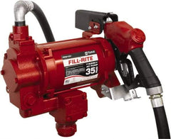 Tuthill - 35 GPM, 1" Hose Diam, Gasoline, Kerosene & Diesel Fuel AC High Flow Tank Pump with Auto Nozzle - Cast Iron Pump, 1-1/4" Inlet, 1" Outlet, 115/230 Volts, 18' Hose Length, 3/4 hp - Americas Tooling