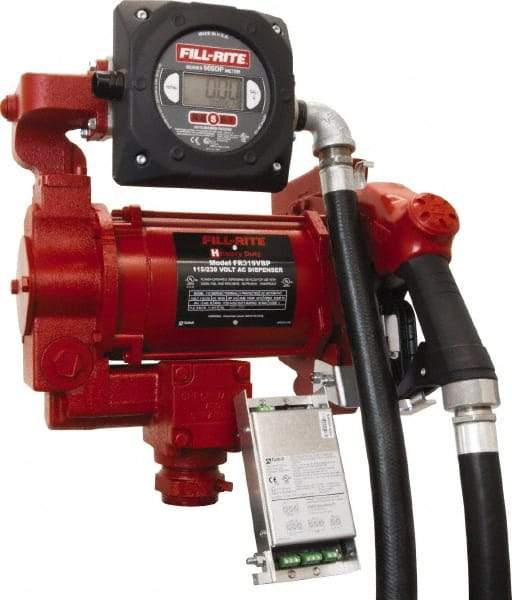 Tuthill - 27 GPM, 1" Hose Diam, Gasoline, Kerosene & Diesel Fuel AC High Flow Tank Pump with Automatic Nozzle & 900D Meter - Cast Iron Pump, 1-1/4" Inlet, 1" Outlet, 115/230 Volts, 18' Hose Length, 3/4 hp - Americas Tooling