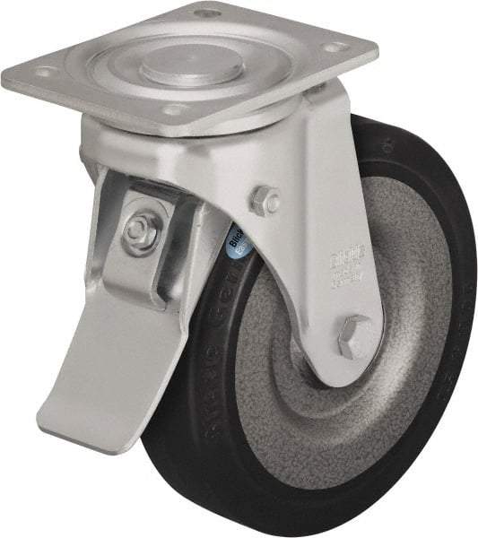 Blickle - 8" Diam x 1-31/32" Wide x 9-41/64" OAH Top Plate Mount Swivel Caster with Brake - Solid Rubber, 1,320 Lb Capacity, Ball Bearing, 5-1/2 x 4-3/8" Plate - Americas Tooling