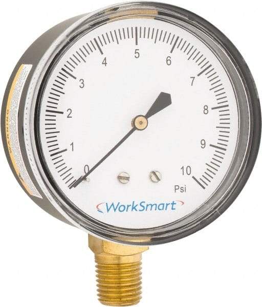 Value Collection - 2-1/2" Dial, 1/4 Thread, 0-10 Scale Range, Pressure Gauge - Lower Connection Mount, Accurate to 1.5% of Scale - Americas Tooling