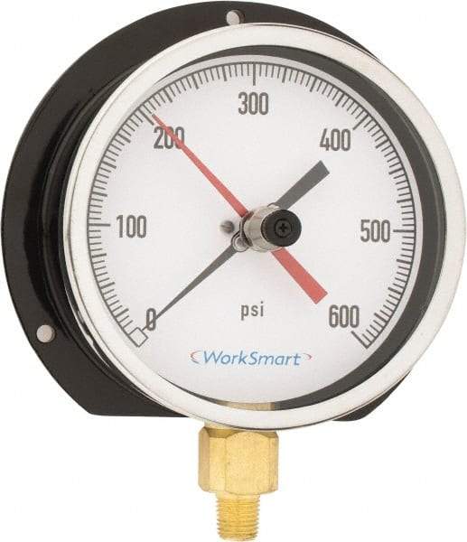 Value Collection - 4-1/2" Dial, 1/4 Thread, 0-600 Scale Range, Pressure Gauge - Lower Connection Mount, Accurate to 0.5% of Scale - Americas Tooling