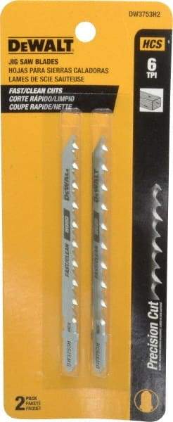 DeWALT - 4" Long, 6 Teeth per Inch, High Carbon Steel Jig Saw Blade - Toothed Edge, 1/4" Wide x 0.06" Thick, T-Shank - Americas Tooling