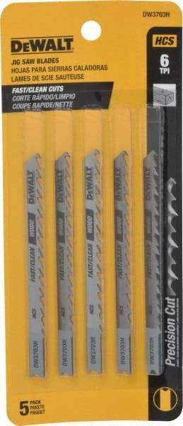 DeWALT - 4" Long, 6 Teeth per Inch, High Carbon Steel Jig Saw Blade - Toothed Edge, 1/4" Wide x 0.06" Thick, U-Shank - Americas Tooling