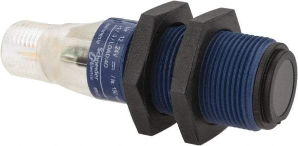 Telemecanique Sensors - 4 Pin M12 Connector, 15m Nominal Distance, Shock and Vibration Resistant, Through Beam Photoelectric Sensor - 12 to 24 VDC, 500 Hz, PBT, 2.36 Inch Long x 0.71 Inch Wide - Americas Tooling